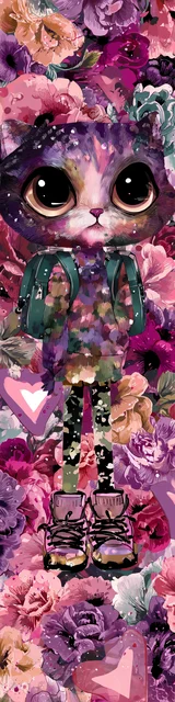 Free kawaii cats bookmark featuring a big-eyed cat with flowers